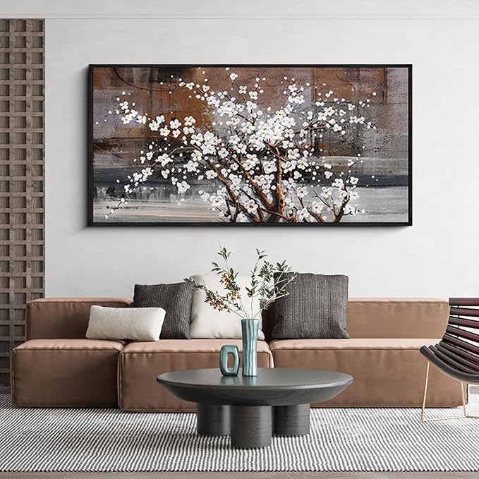KLAKLA Wall Art for Living Room - Black Framed Wall Decor - Large Size Natural Botanical Plum - Wooden Framed Abstract Brown Picture Artwork for Bedroom Office