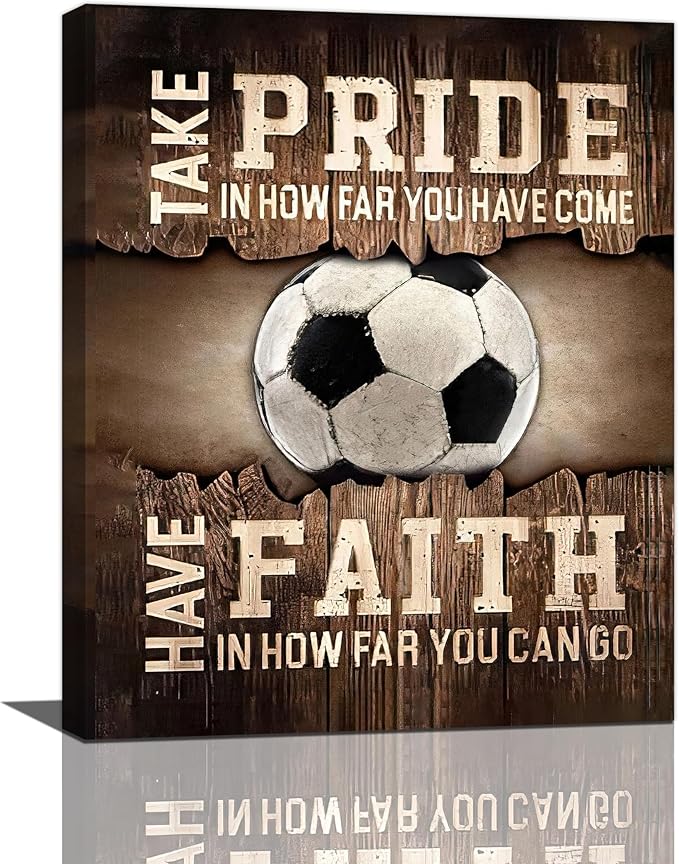 Fleruku Rustic Soccer Wall Art Sports Wall Decor Inspirational Quotes Brown Pictures Soccer Sign Canvas Painting Artwork Home Decorations for Boy Man Teenager Fans Bedroom Living Room 20"x24"