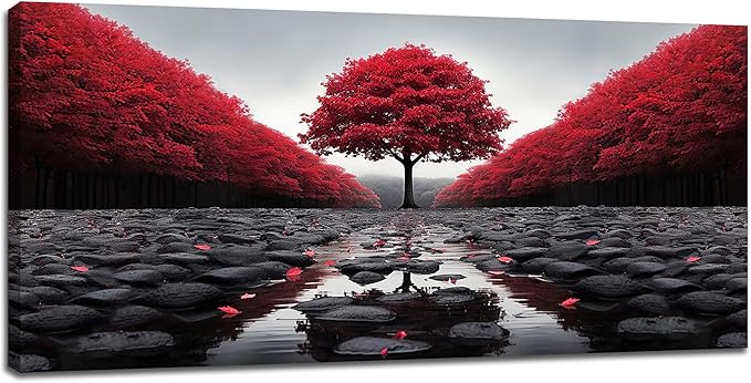 Red Tree Wall Art Tree of Life Large Zen Pictures Wall Decor Black and White Stone Canvas Prints Modern Framed Artwork for Living Room Bathroom Bedroom Office Spa Yoga 60"x30"