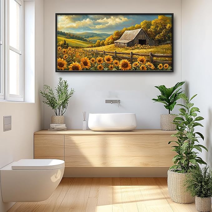 SweetFox Extra Large Barn Sunflower Framed Wall Art for Living Room, Farmhouse Barn Pictures Oversized Wall Decor Abstract Big Canvas Painting Print Artworks for Bathroom Master Bedroom 60L X 30W