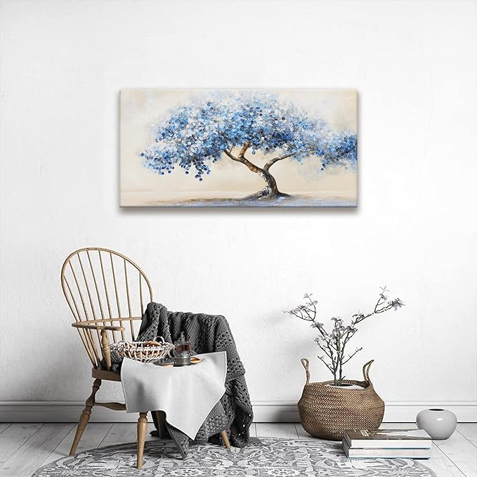 Suconvng Tree Of Life Wall Art Blue Tree Picture Painting Wall Decor Artwork Canvas Art Wall Decor For Living Room Bedroom Bathroom Office Home Decor 20"X 40"Can Be Hung Directly