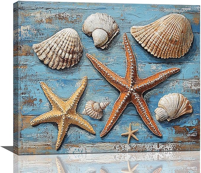 Olivine Seashell Wall Art, Coastal Starfish Pictures Wall Decor, Beach Theme Painting, Blue Seashell Canvas Prints, Framed Artwork for Bathroom Bedroom Living Room Office Home Decoration 24''x20''