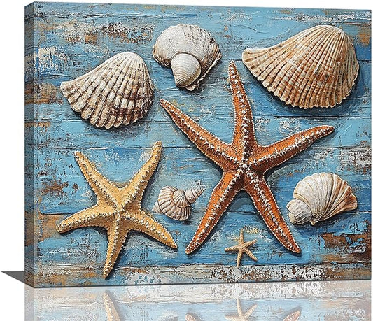 Olivine Seashell Wall Art, Coastal Starfish Pictures Wall Decor, Beach Theme Painting, Blue Seashell Canvas Prints, Framed Artwork for Bathroom Bedroom Living Room Office Home Decoration 24''x20''
