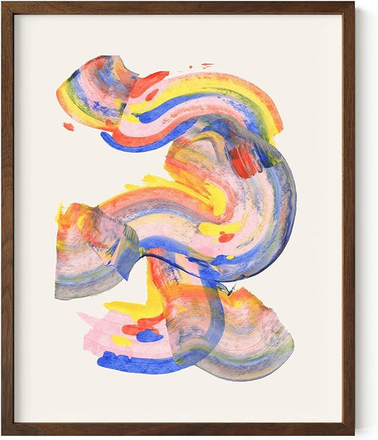 HAUS AND HUES Colorful Abstract Wall Art - Minimalist Retro Picture for Living Room Decor, Red and Pink Modern Wall Art Painting (Abstract Watercolor Swirls, Walnut Frame, 16x20)
