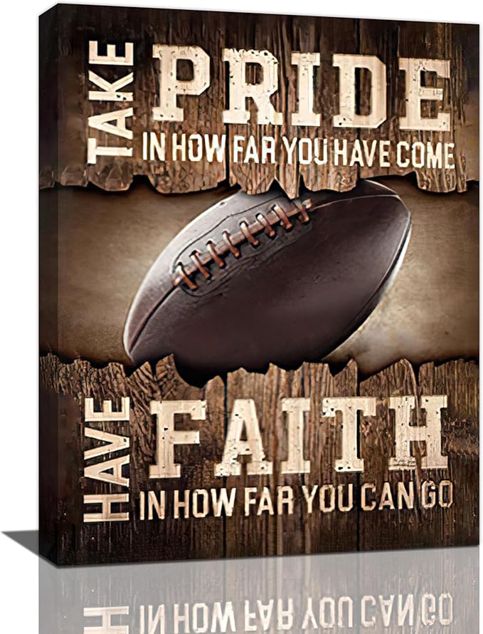 Fleruku Rustic Football Wall Art Sports Wall Decor Inspirational Quotes Brown Pictures Football Sign Canvas Painting Artwork Home Decorations for Boy Man Teenager Fans Bedroom Living Room 12"x16"