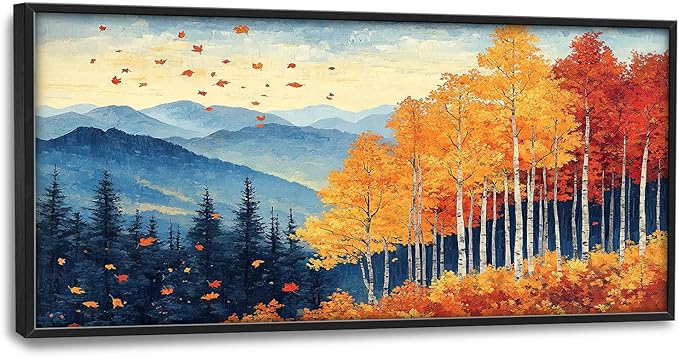 Fall Maple Leaf Large Wall Art Autumn Leaves Pictures Wall Decor Mountain Canvas Landscape Painting Modern Artwork Home Decoration for Living Room Bathroom Bedroom Office Framed 60"x30"