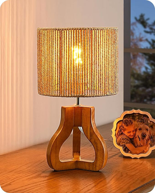 EDISHINE 14.6" Rattan Table Lamp, Rose Wood Tripod Nightstand Lamp, Handwoven Paper Rope Shade, Small Bedside Lamp for Bedroom Living Room, Office, On-Off Line Switch, E26 Base(Bulb Not Included)