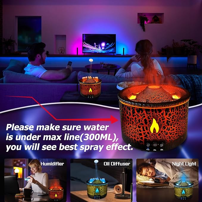 Volcano Diffuser, Essential Oil Diffuser 300ml Volcano Humidifier with Flame & Volcano Mist Mode, 2 Colors, Timer, Auto Shut-Off, Remote Control, Flame Diffusers for Home Bedroom Black