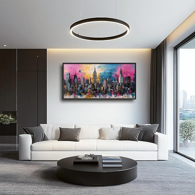 Glocmna Large Wall Art for Living Room Banksy Street Graffiti New York City Wall Decor Modern Skyline Cityscape Pictures Painting Big Canvas Print Framed Artwork Decorations Home Office Bedroom 30"x60"