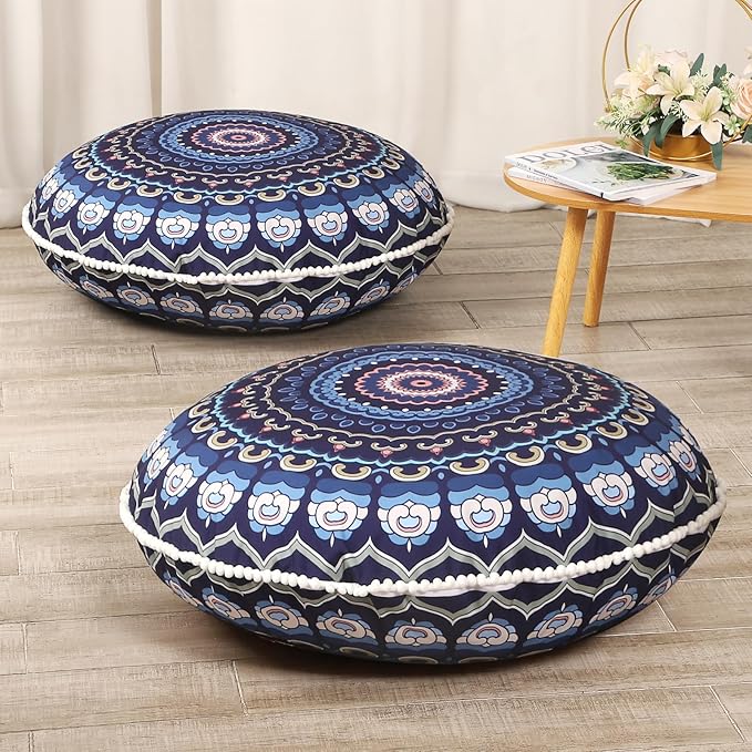 32 inches Meditation Floor Cushion for Adults, 2 Pack Round Large Thick Floor Pillow, Memory Foam Filling, Navy Blue
