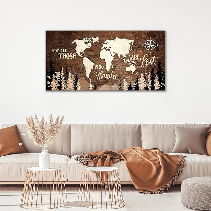 World Map Wall Art Vintage World Map Poster Canvas Prints Nautical Travel Decor Modern Framed Art Map of The World Wall Art for Living Room Dining Room Home Office 60"x30"