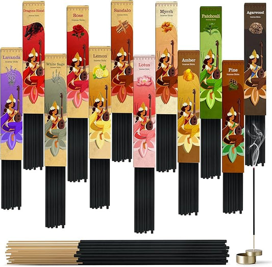 Incense Sticks Variety Pack-240 Insence-Sticks (12Incents x 20 Insense) -White Sage Palo Santo Dragons Blood Sandalo-Natural Inscents-Sticks Non Toxic Cleansing Incienso＋Slow Burning Inscents