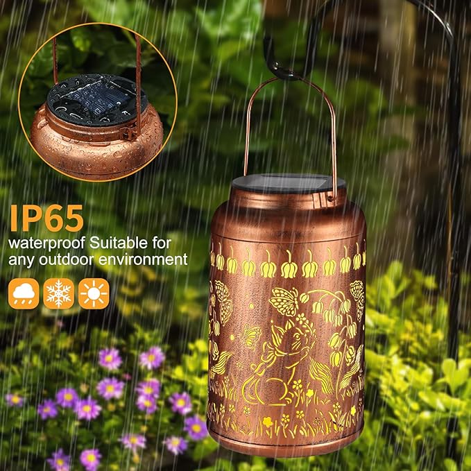Solar Lanterns Outdoor Waterproof Hummingbird Garden Decor Christmas Gifts for Women Mom Grandma Hanging Lights Metal Decoration Outside for Yard, Patio,Backyard,Porch(Cat and Butterfly)