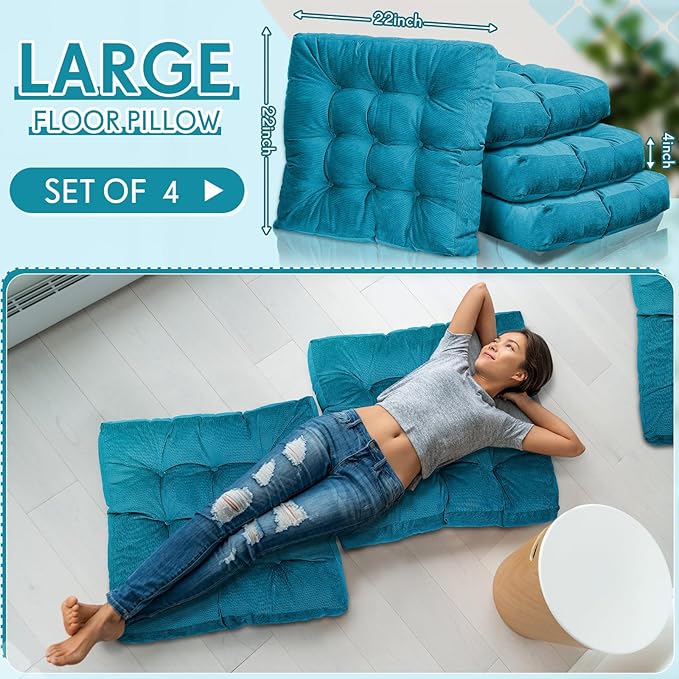 Jerify 4 Pcs Floor Pillow Cushions 22 x 22 Inch Round Square Large Meditation Floor Pillow for Classroom Adult Meditation Picnic Party Cushion for Seating Gift Christmas(Aquamarine,Square)