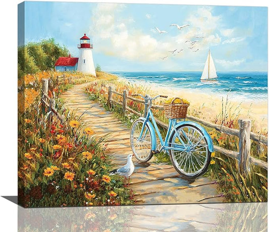 Olivine Coastal Wall Art, Beach Bicycle Pictures Wall Decor, Lighthouse Painting, Ocean Seascape Canvas Prints, Framed Artwork for Living Room Bedroom Bathroom Kitchen Office Home Decoration 24"x20"