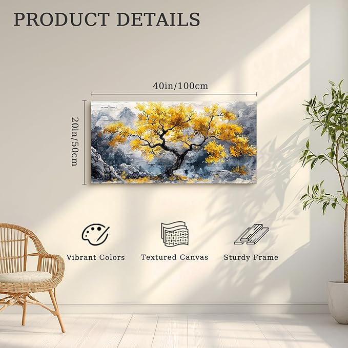 crmotu Tree of Life Large Wall Art, Chinoiserie Scenic Ink Paintings, Mountain Tree Landscape Artwork for Walls, Abstract Watercolor Modern Wall Decor Living Room Bedroom Office Art Prints 20x40inch