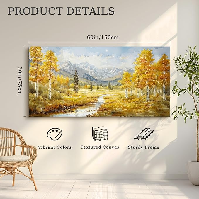 crmotu Mountain Forest Wall Art, Riverside Birch Tree Oversized Paintings, Nature Landscape Pictures Art Prints, Modern Large Wall Decor Living Room Bedroom Office Farmhouse Canvas Artwork 30x60inch