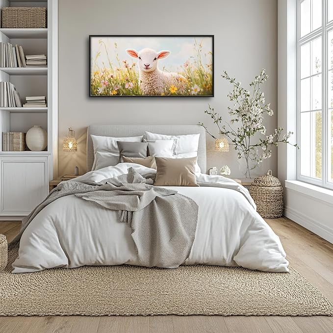 Kylora Lamb Wall Art Sheep Pictures Wall Decor Flower Field Large Master Over Above Bed Canvas Christian Prints Horizontal Modern Artwork Painting Home Office Decorations For Kitchen Bedroom 30"x60"