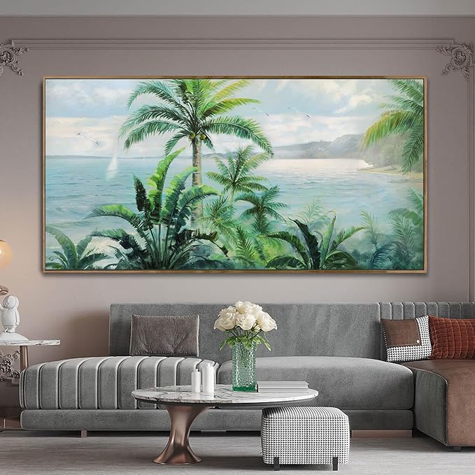 Anolyfi Palm Tree Picture Green Tropical Wall Art for Living Room Landscape Large Canvas Painting Nature Seascape Textured Artwork for Bedroom Kitchen Hallway Office Home Decor, Wood Framed 58"x29"
