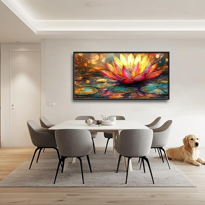 Framed Large Lotus Wall Art for Living Room, Oversized Zen Lotus Flower Wall Decor Golden Floral Canvas Painting Modern Artwork Home Decoration for Living Room Bedroom Office 60"x30"