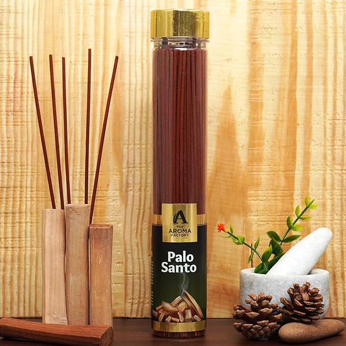The Aroma Factory Organic Incense Sticks PaloSanto (Herbal Agarbatti for Smudging, Cleansing) 0% Charcoal, 0% Sulphates, 1 x 100g Bottle