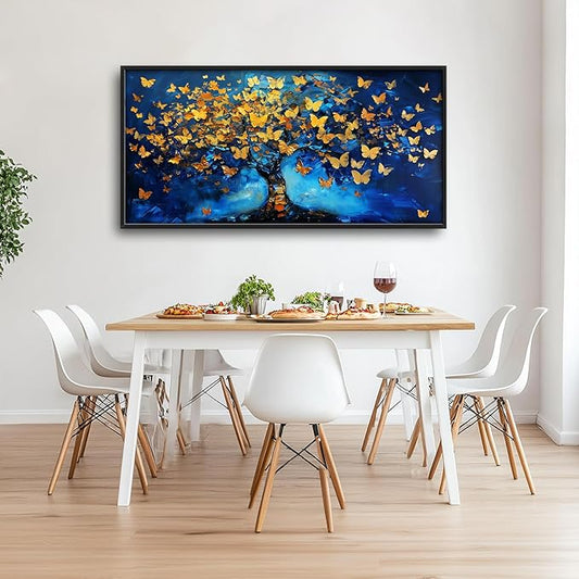 Blue Canvas Wall Art Golden Butterfly Tree Pictures Wall Decor Above Bed Framed Artwork Paintings Home Office Decorations for Living Room Bedroom Dinning Room Kitchen 60"x30"
