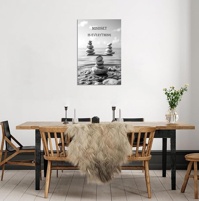 YIOZHAOFH Mindset Wall Art for Zen Office Inspirational Pictures Wall Decor Motivational Quotes Canvas Art Black and White Landscape Nature Print Poster Painting Framed for Meditation Spa Room Bedroom (12L x 16W)