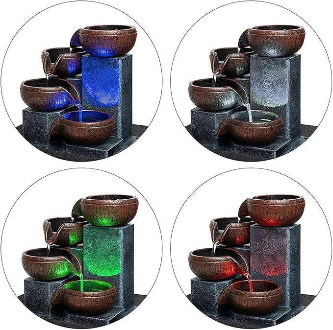 Small Indoor Relaxation Tabletop Fountain, Zen Meditation Waterfall Feature with Color LED Light & Natural Rocks, 4 Level Desk Waterfall for Home Office Bedroom Living Room Decoration (Pump)