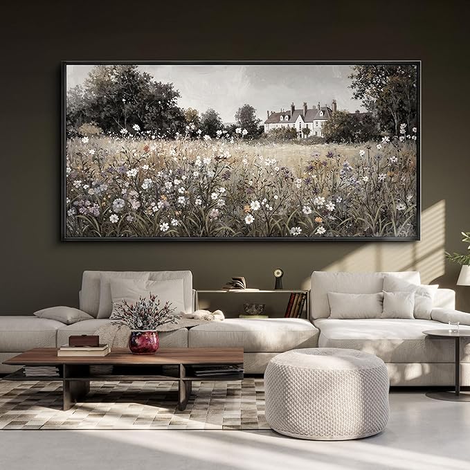 yiijeah Large Paintings for Living Room - Vintage Landscape Nursery Flower Framed Prints Canvas Country Decor Living Room Picture for Bedroom Office Home Decoration Horizontal Wall Art