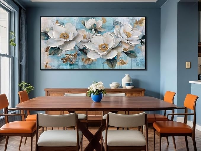 Ardemy Flower Large Wall Art for Living Room，White Gold Floral Canvas Framed Wall Art Painting Artwork Bedroom Picture Wall Decor Home Office 48"x24"