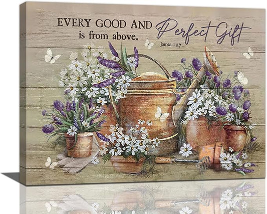 Country Bathroom Flower Wall Art Farmhouse Lavender Wall Decor Rustic Scripture Sign Canvas Painting Artwork Home Decorations for Man Teenager Office Bedroom Living Room Bathroom 24"x16"