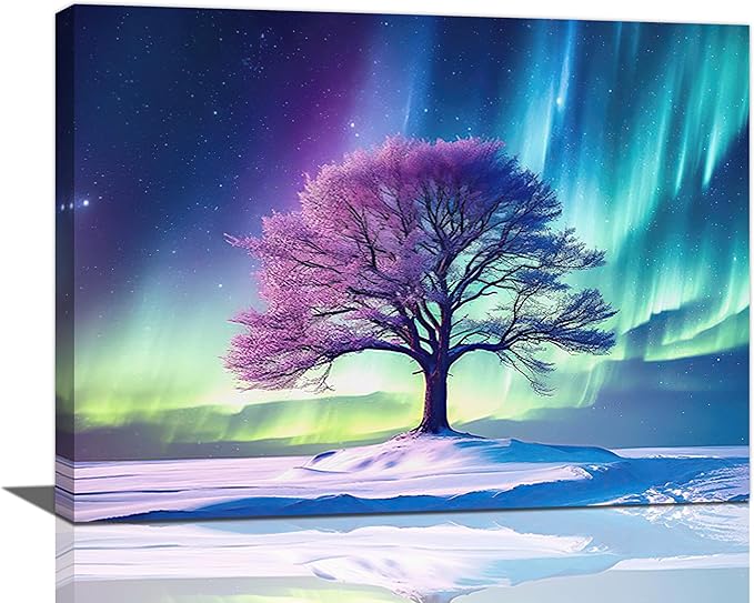 Northern Lights Bathroom Decor Aurora Wall Art Tree canvas Snow Painting Canvas Prints Framed Artwork for Bathroom kitchen Bedroom Living Room 20"x16"