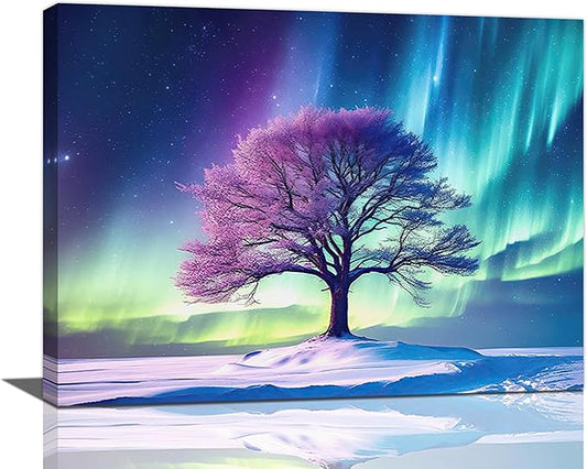 Northern Lights Bathroom Decor Aurora Wall Art Tree canvas Snow Painting Canvas Prints Framed Artwork for Bathroom kitchen Bedroom Living Room 24"x16"