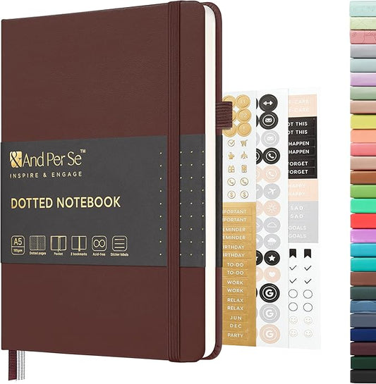 &And Per Se Dotted Journal Notebook, A5 Hardcover Bullet Dotted Journal, 160 Pages 100 gsm Thick Paper, 3 Sheets of Stickers Included - 5.7'' x 8''（Chocolate）