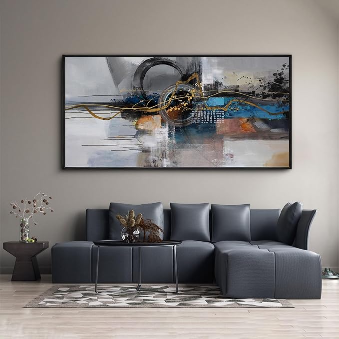 XLSJERST Large Abstract Frame Wall Art - Black and Blue Cnavas Framed Artwork for Walls Modern Minimalist Boho Gray Pictures Wall Decor for Living Room Bedroom Office Home Decoration 29x58 Inches