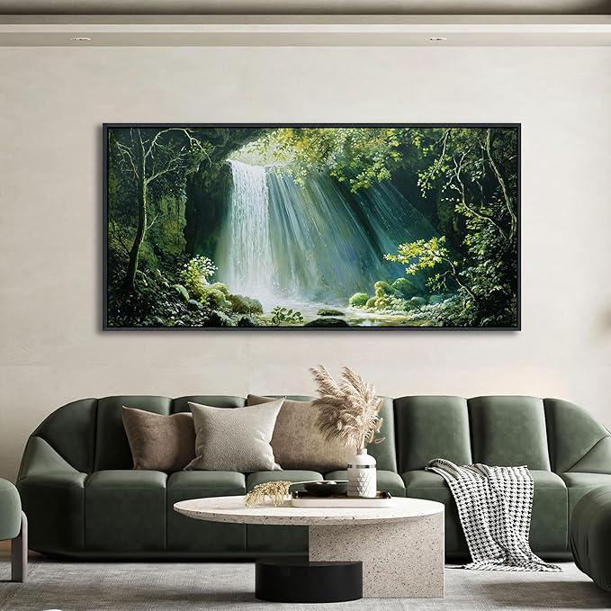 QZQCBLC Large Forest Wall Art, Green Tropical Rainforest Landscape Valley Waterfall Canvas Paintings River Scenery Pictures Artwork for Living room Bedroom kitchen Home Office Decor 29x58 IN