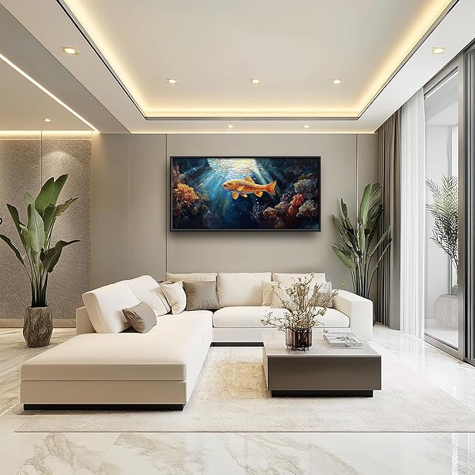 SweetFox Extra Large Ocean Fish Framed Wall Art for Living Room, Coastal Sea Fishing Pictures Oversized Wall Decor Abstract Big Canvas Painting Print Artworks for Bathroom Master Bedroom 60L X 30W