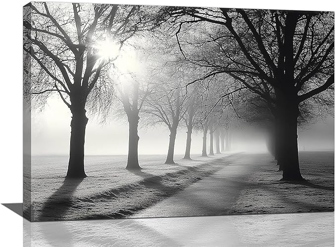 Olivine Tree Wall Art, Black And White Pictures Wall Decor, Mist Forest Painting Nature Lanscape Canvas Prints, Framed Artwork for Bathroom Bedroom Living Room Kitchen Office Home Decoration 24"x16"
