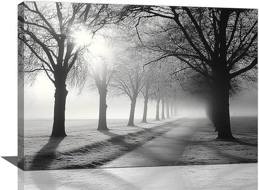 Olivine Tree Wall Art, Black And White Pictures Wall Decor, Mist Forest Painting Nature Lanscape Canvas Prints, Framed Artwork for Bathroom Bedroom Living Room Kitchen Office Home Decoration 24"x16"