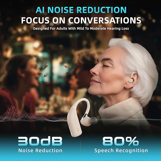 FLYSOUND Rechargeable OTC Hearing Aids with Bluetooth for Seniors & Adults | Experience 80% Speech Recognition Boost & Tinnitus Relief via App | Up to 60dB Gain & AI Noise Reduction | Stylish Gold Des