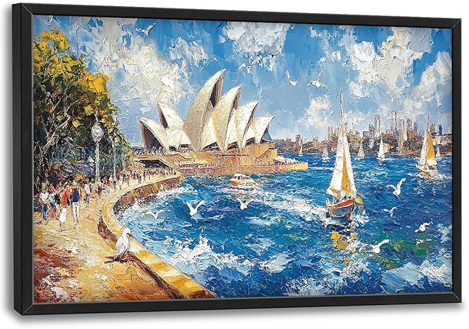 Sydney Opera House Large Wall Art Beach Boat Pictures Wall Decor Coastal Canvas Seascape Print Painting Modern Artwork Home Decoration for Living Room Bathroom Bedroom Office Framed 36"x24"