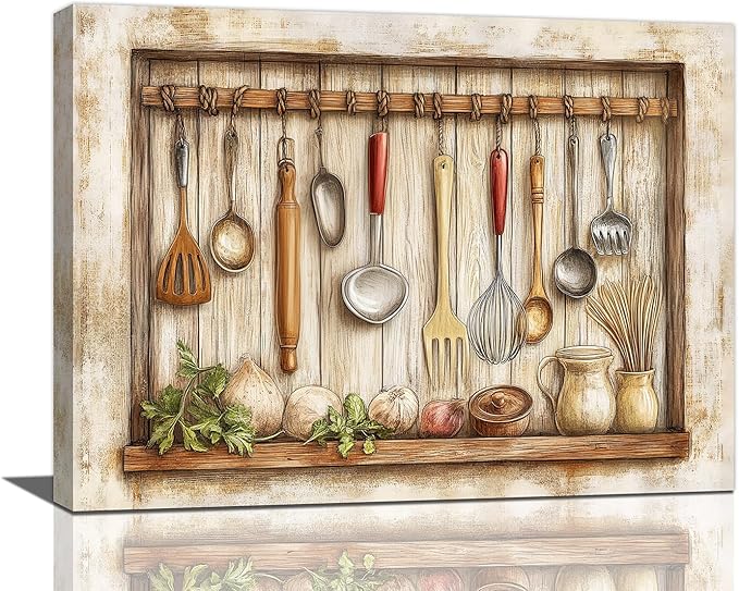 Olivine Kitchen Wall Art, Farmhouse Kitchen Pictures Wall Decor, Rustic Kitchenware Painting Canvas Prints,Framed Artwork for Dining Room Living Room Office Home Decoration 16"x12"