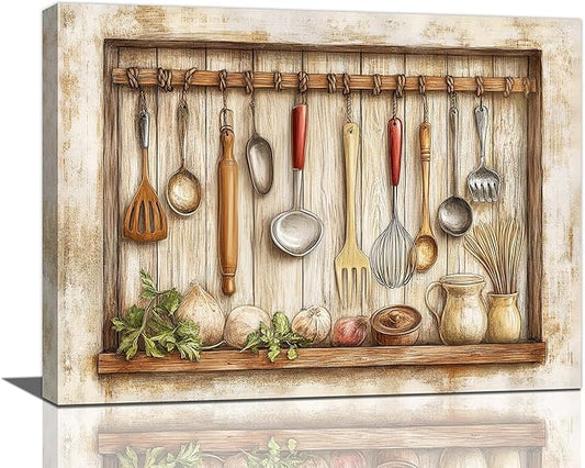 Olivine Kitchen Wall Art, Farmhouse Kitchen Pictures Wall Decor, Rustic Kitchenware Painting Canvas Prints,Framed Artwork for Dining Room Living Room Office Home Decoration 16"x12"