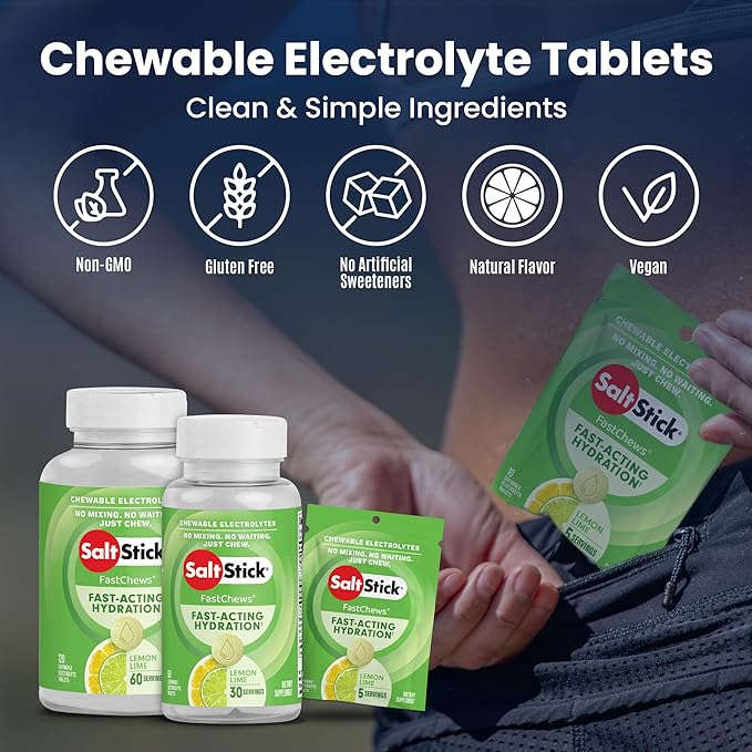 SaltStick Electrolyte FastChews - 60 Count Lemon Lime Flavor - Chewable Electrolyte Tablets for Hydration, Salt Tablets, Dehydration Relief