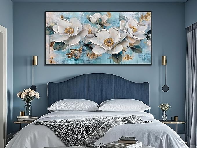 Ardemy Flower Large Wall Art for Living Room，White Gold Floral Canvas Framed Wall Art Painting Artwork Bedroom Picture Wall Decor Home Office 48"x24"