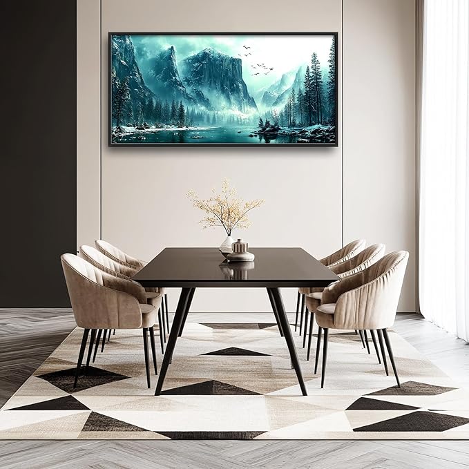 Large Mountain Lake Wall Art for Living Room, Forest Tree Canvas Wall Decor, Blue Pictures Framed Painting, Natural Landscape Artwork for Bedroom Office 60L'' × 30W''