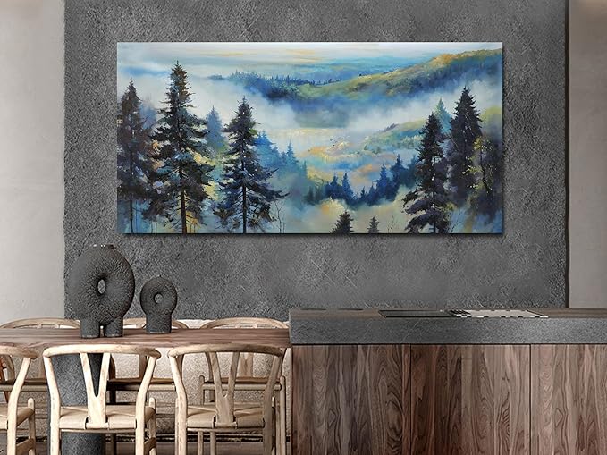 Anolyfi Large Misty Mountain Canvas Wall Art Living Room Foggy Forest Landscape Painting, Nature Pine Tree Scenery Blue Textured Artwork Framed for Bedroom Bathroom Kitchen Office Home Decor 48"x24"