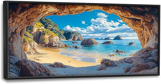 Beach Large Wall Art Rocky Cave Pictures Wall Decor Coastal Canvas Seascape Print Painting Modern Artwork Home Decoration for Living Room Bathroom Bedroom Office Framed 60"x30"