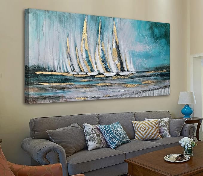 Anolyfi Blue Abstract Canvas Wall Art Teal Ocean Sailboat Picture Modern Coastal Nautical Painting, Textured Artwork Large Framed for Living Room Bedroom Bathroom Kitchen Office Home Decor 58"x29"