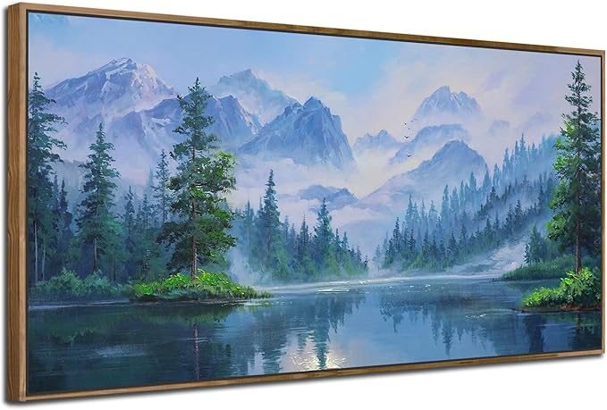 Ardemy Landscape Wall Art Canvas for Living Room Mountain Lake Nature Bedroom Painting Textured Misty Forest Scenery Picture Green Blue Artwork Home Office Decor, Wood Framed Large 48"x24"